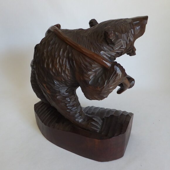 VINTAGE 12” JAPANESE AINU HOKKAIDO CARVED WOOD BEAR WITH CUB SALMON SCULPTURE - Picture 5 of 14